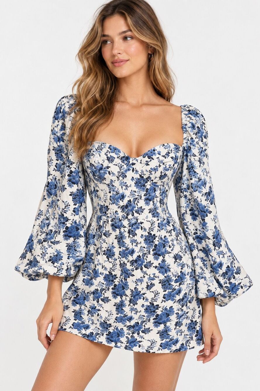 Donnee Par Dieu Blue Toile Floral Corset Peasant Puff Sleeve Blouse L NWT